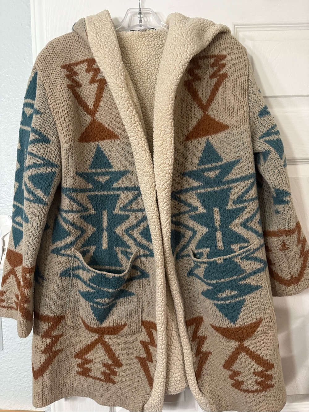 Sweet Rain Hooded Aztec Teddy Jacket in Beige, Teal & Brown